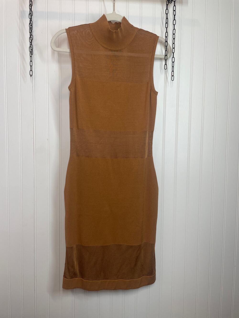 Vermani Caramel Sheer Silk Blend Mock neck Sleeveless Mini Dress Silk Size L